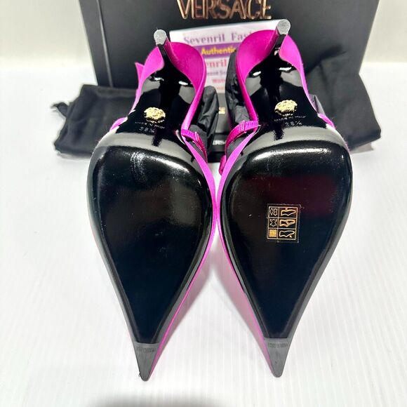 NIB Versace Gianni Ribbon 38.5 US 8.5 Pumps Fuchsia Cage Satin Ankle Strap $1325 - Picture 11 of 16